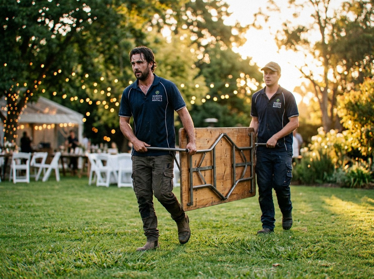 The Verbena Party Rentals setup crew arranging tables and chairs at an event in Miraflor