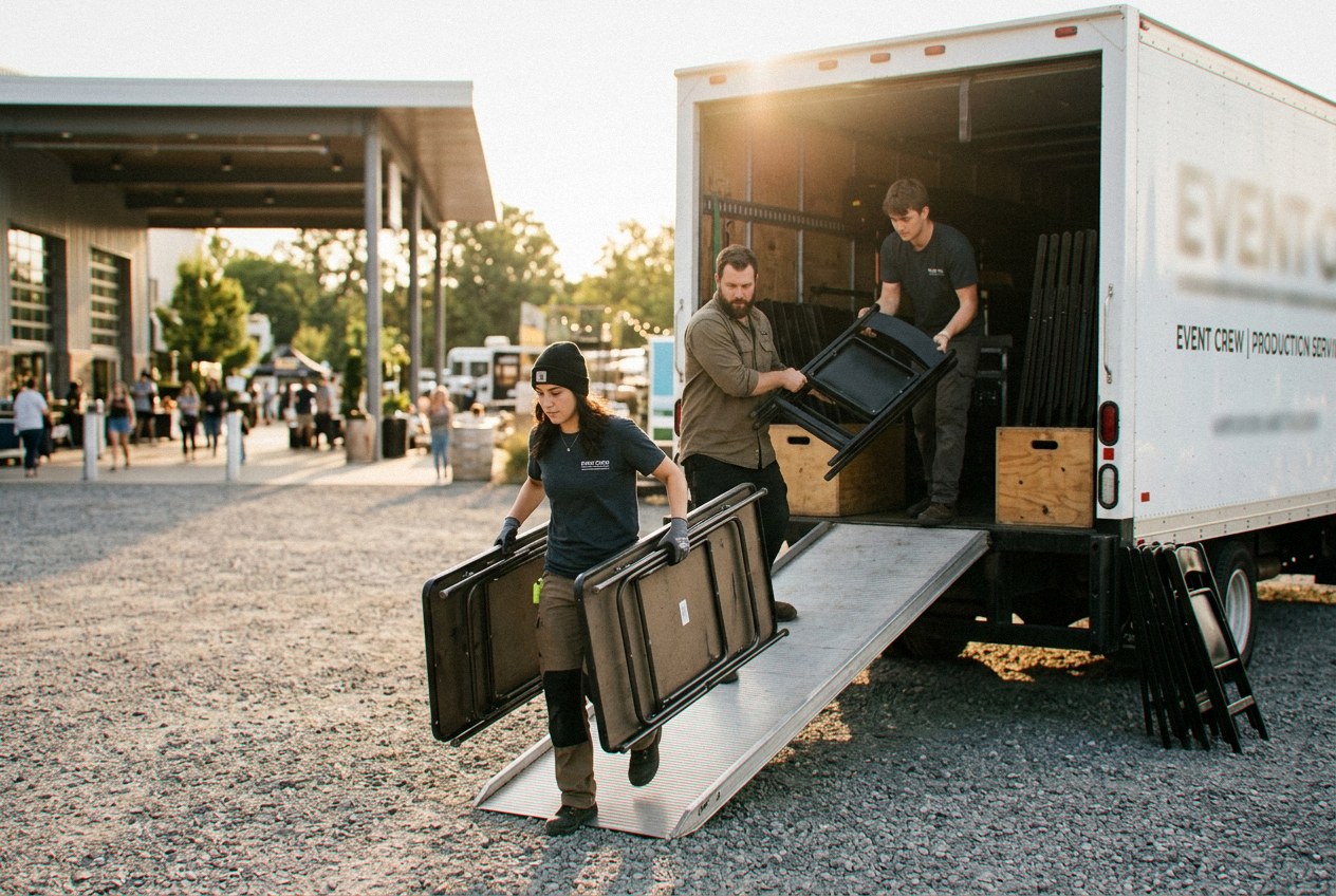 A Verbena Party Rentals crew unloading rentals from a box truck for an event setup in Miraflor