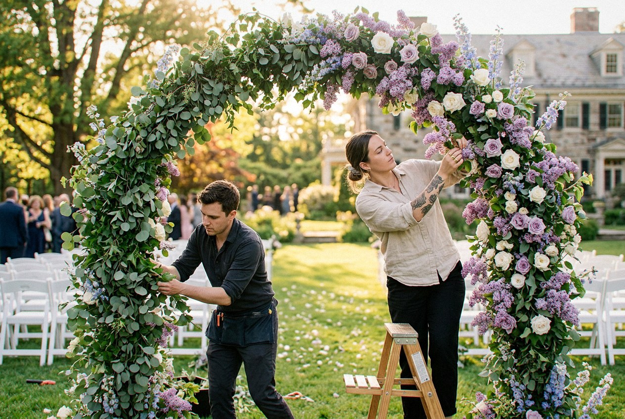 A floral ceremony arch being set up in golden afternoon light at Verbena Party Rentals, a wedding & quinceañera rental company in Miraflor