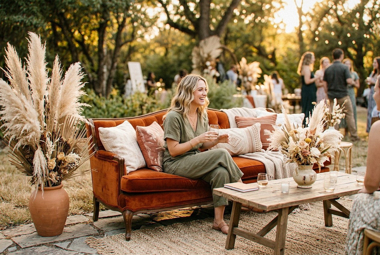 A boho lounge furniture vignette styled for a garden party by Verbena Party Rentals in Miraflor