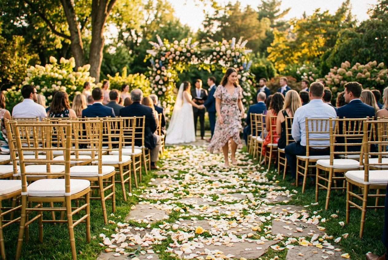 Rows of chiavari chairs set for a ceremony by Verbena Party Rentals, an event rental company in Miraflor