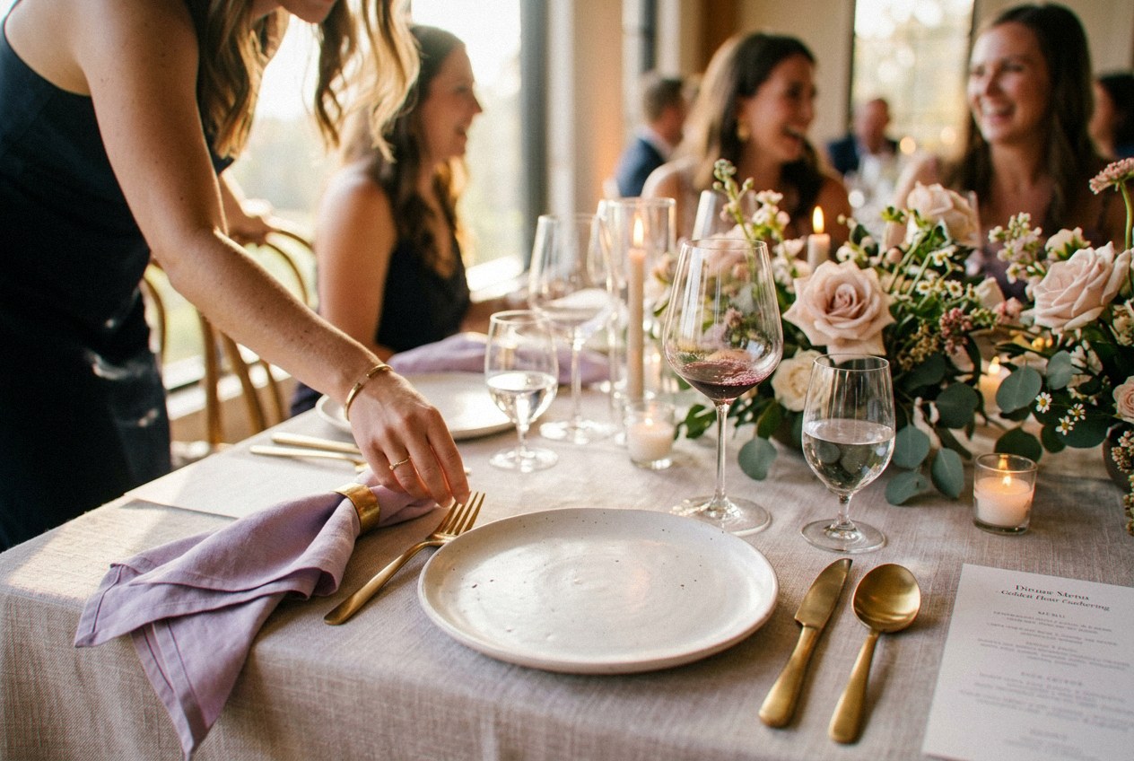A close-up place setting in event colors on a dressed table from Verbena Party Rentals in Miraflor