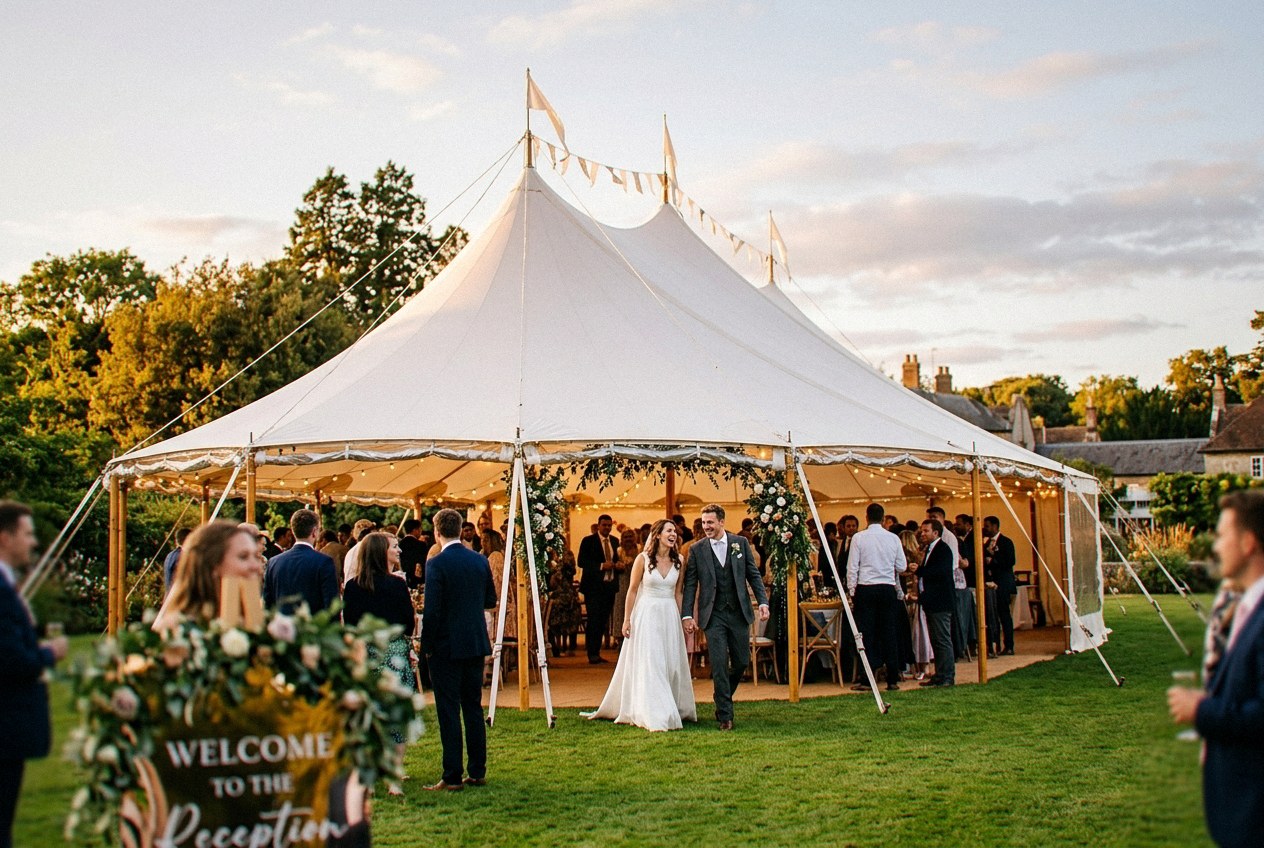 A white pole tent set up by Verbena Party Rentals for an outdoor event in Miraflor